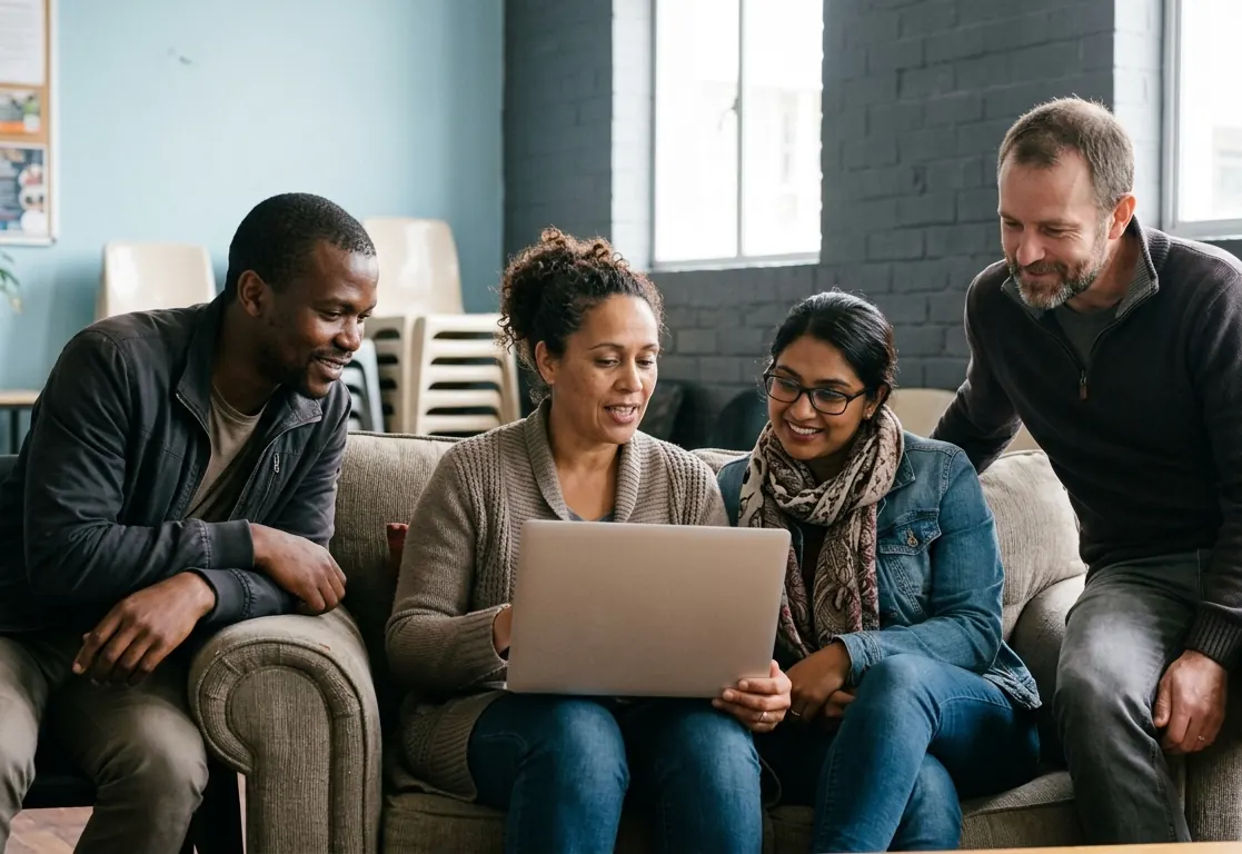 Group of people learning together on a laptop