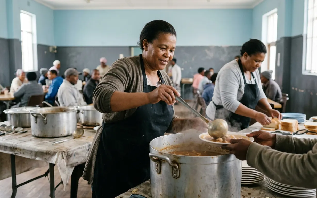 A woman handing another woman a plate of food