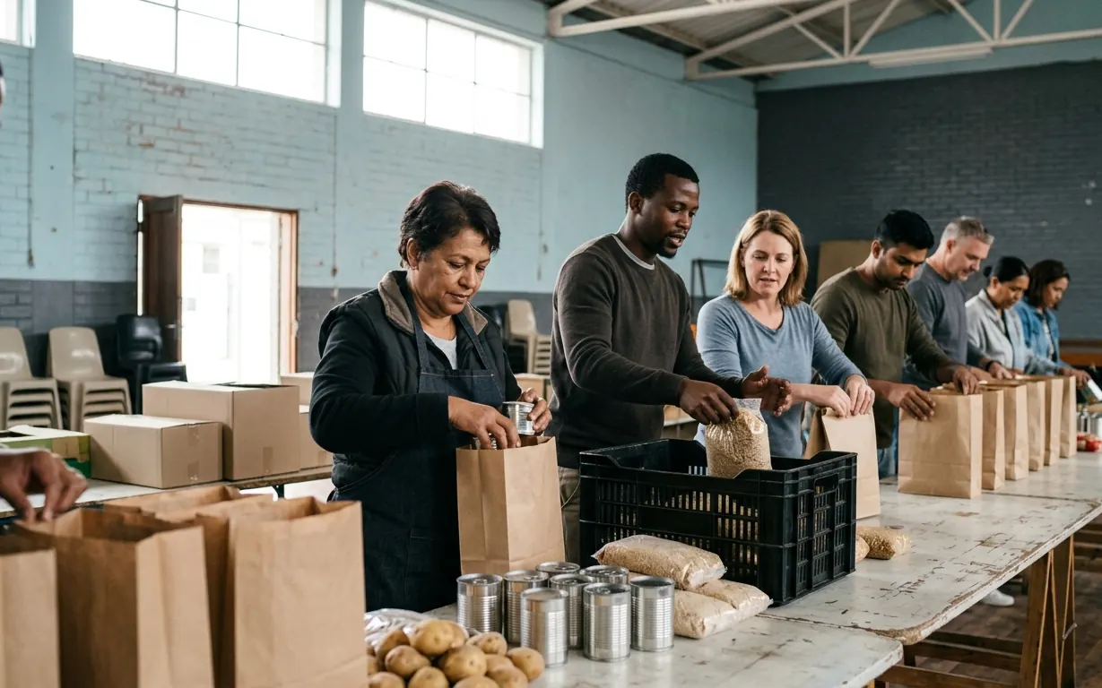 People packing food into bags