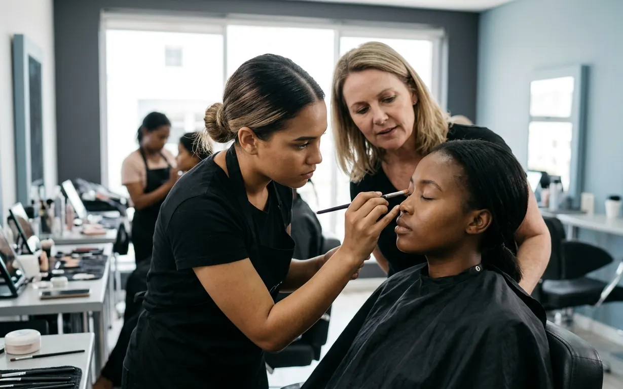Woman applying makeup to another woman