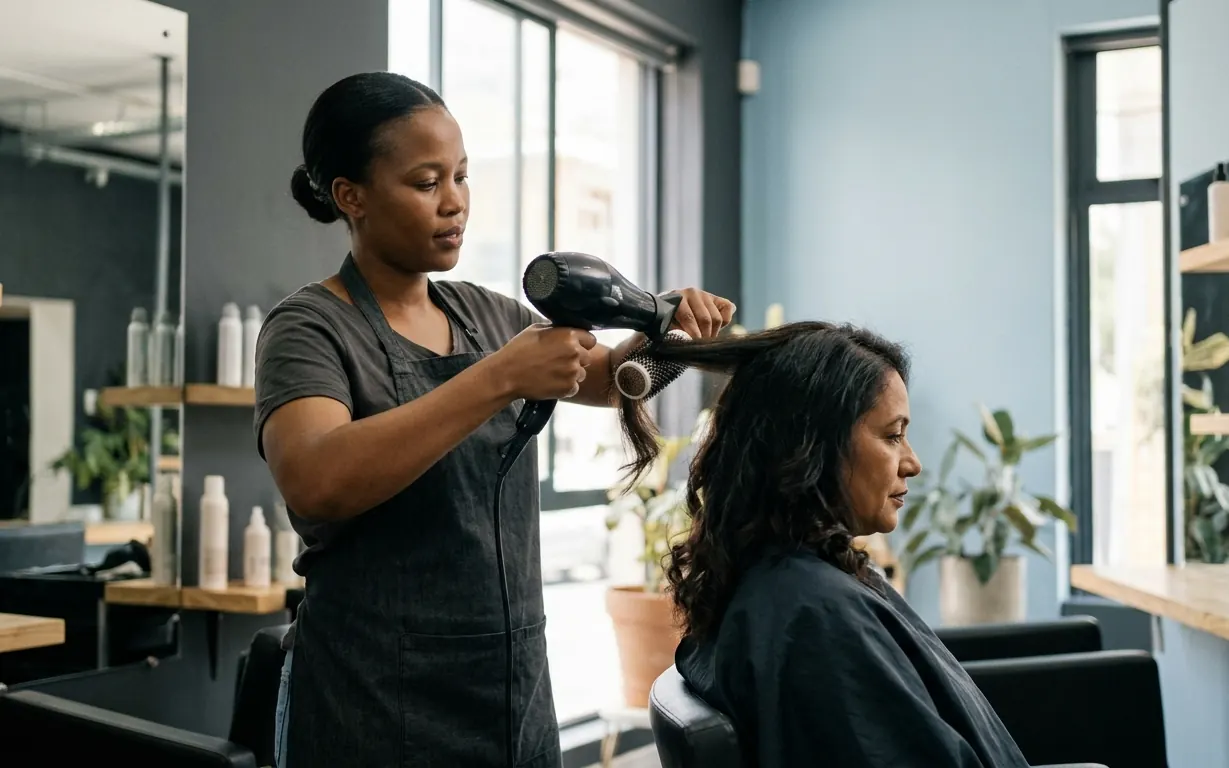 Hairstylist blow-drying a client's hair in a salon