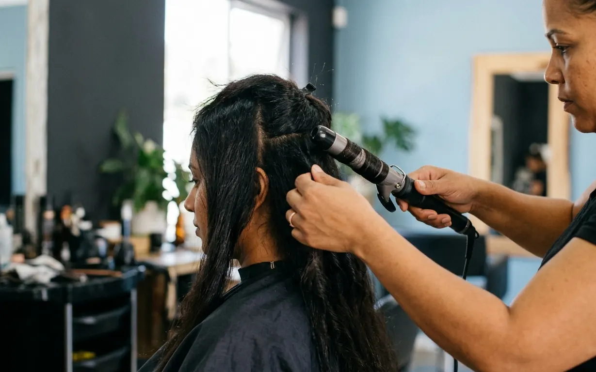 Hairstylist using a curling iron on a client