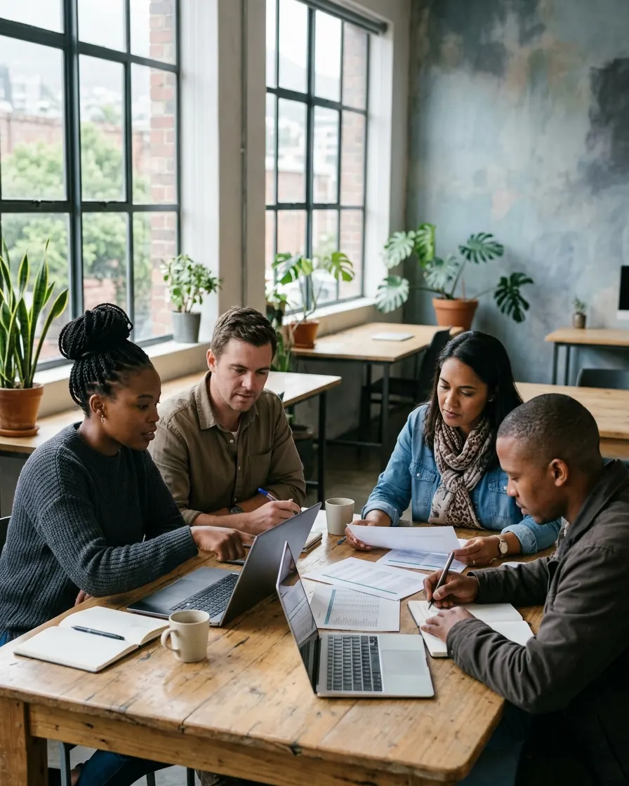 Business team working together at a table with laptops